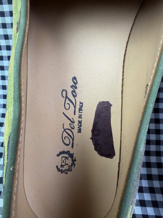 Del Toro Italy Handmade Suede Camo Loafers Size 10 Green Slip On Smoking Shoes